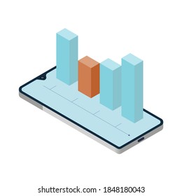 Isometric smartphone with bars of graphs on it. Vector illustration isolated on white background