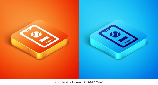 Isometric Smartphone with baseball ball on the screen icon isolated on orange and blue background. Online baseball game for mobile phone.  Vector