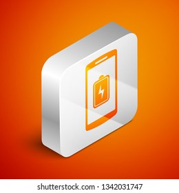 Isometric Smartphone battery charge icon isolated on orange background. Phone with a low battery charge. Silver square button. Vector Illustration