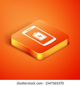 Isometric Smartphone battery charge icon isolated on orange background. Phone with a low battery charge.  Vector Illustration