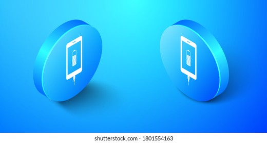 Isometric Smartphone battery charge icon isolated on blue background. Phone with a low battery charge and with USB connection. Blue circle button. Vector.
