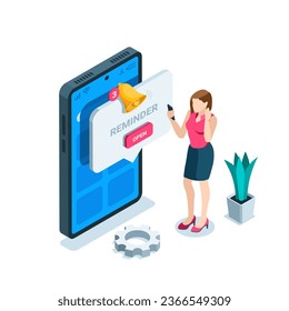 isometrisches Smartphone und Glocke auf Textblase mit Erinnerungsbeschriftung und -knopf sowie eine Frau in der Nähe, in Farbe auf weißem Hintergrund, Alarm- oder Erinnerungsapp