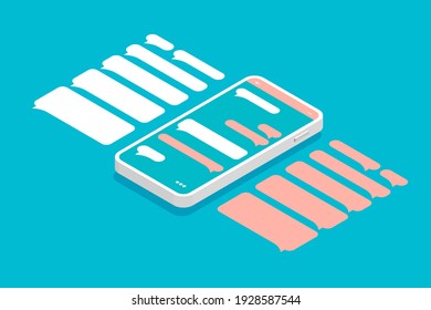 Isometric smartphone with blank dialog boxes. Empty messaging speech bubbles. Vector illustration template.