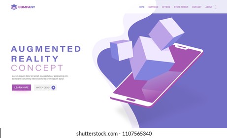 Isometric smartphone with blocks, responsive web landing page for Augmented Reality (AR) concept.