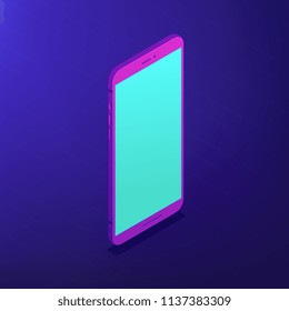 Smartphone isométrico con pantalla azul. Dispositivo digital portátil. Comunicación, desarrollo de aplicaciones y concepto de tecnología digital. Fondo ultravioleta. Ilustración vectorial 3d.