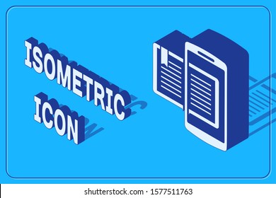 Isometric Smartphone and book icon isolated on blue background. Online learning or e-learning concept.  Vector Illustration