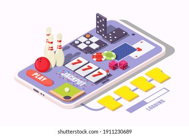 Isometric smartphone with bowling ball and skittles, checkers, playing cards, domino, chips, dices, billiards table on screen, flat vector illustration. Mobile gaming. Casino games. Mobile gambling.