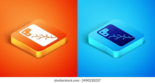 Isometric Smartphone with broken screen icon isolated on orange and blue background. Shattered phone screen icon.  Vector