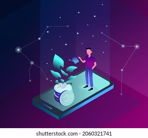 Smartphone isométrico para proyectos de negocios. Aumento de las finanzas debido a las tecnologías modernas.