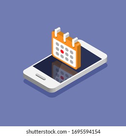 Isometric smartphone with calendar and highlighted date on it. Event or deadline concept. Vector illustration isolated on violet background.