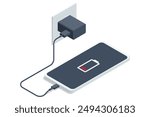 Isometric Smartphone and charger adapter. Low battery, addiction. Phone is charging from wall outlet