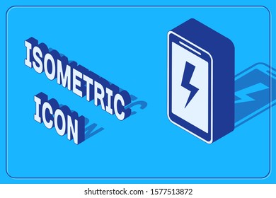 Isometric Smartphone charging battery icon isolated on blue background. Phone with a low battery charge.  Vector Illustration