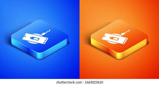 Isometric Smartphone charging on wireless charger icon isolated on blue and orange background. Charging battery on charging pad. Square button. Vector Illustration