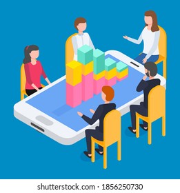 Isometric smartphone with chart, infochart at screen. 3d growing graphic. Teamwork analysis. Businesspeople discussing strategy, financial plan, statistic, looking presentation, business statistics