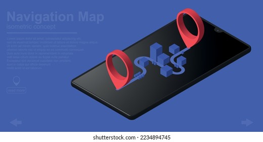 Isometric smartphone with city map application and route pointer vector illustration.
