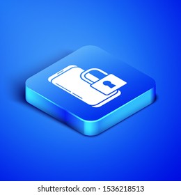 Isometric Smartphone with closed padlock icon isolated on blue background. Phone with lock. Mobile security, safety, protection concept. Blue square button. Vector Illustration