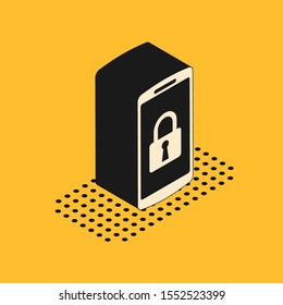 Isometric Smartphone with closed padlock icon isolated on yellow background. Phone with lock. Mobile security, safety, protection concept.  Vector Illustration