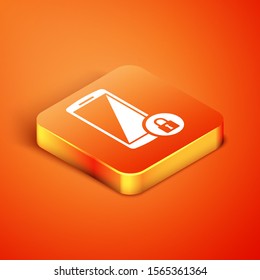 Isometric Smartphone with closed padlock icon isolated on orange background. Phone with lock. Mobile security, safety, protection concept.  Vector Illustration