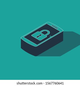 Isometric Smartphone with closed padlock icon isolated on green background. Phone with lock. Mobile security, safety, protection concept.  Vector Illustration