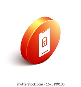 Isometric Smartphone with closed padlock icon isolated on white background. Phone with lock. Mobile security, safety, protection concept. Orange circle button. Vector Illustration