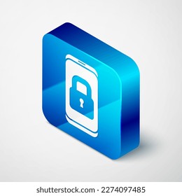 Isometrisches Smartphone mit geschlossenem Vorhängeschloss einzeln auf grauem Hintergrund. Telefon mit Schloss. Konzept der mobilen Sicherheit, der Sicherheit und des Schutzes. Blauer Quadrat-Knopf. Vektorgrafik