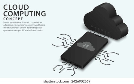 Isometric smartphone cloud technology and networking concept. Digital service or app with data transferring. Network datum servers, hosting server, database synchronize technology. Vector illustration