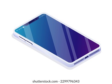 Isometric smartphone concept. Gadget and device. Advertising and marketing for electronics store. Display and screen of phone. Template, layout and mock up. Cartoon vector illustration