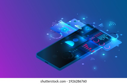 Isometric smartphone connection.Futuristic concept.vector and illsutration