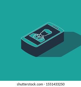 Isometric Smartphone with contact on screen icon isolated on green background. Incoming call. Human on phone screen. Call contact.  Vector Illustration