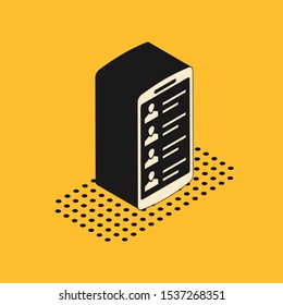 Isometric Smartphone with contacts on screen icon isolated on yellow background. Incoming call. People on phone screen. Call contact.  Vector Illustration