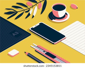 Artículos de escritorio inteligente isométricos diseño vectorial mínimo