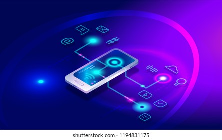 Isometric smartphone with different applications, apps, 7 on-line services, software. Isometric smartphone, mobile phone 3d and social media icons, internet banking
