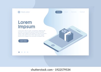 isometric smartphone with dollar banknote banner concept. design for web UI, mobile upp, banner,Social Media Networking, Internet Accounting Website Landing Page, Web Page, poster.Vector illustration