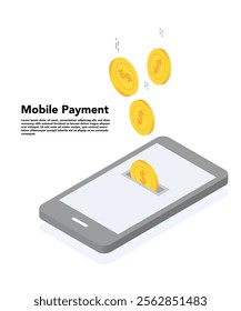Isometric smartphone and dollar coin, mobile payment, online banking, financial services, send money stock illustration