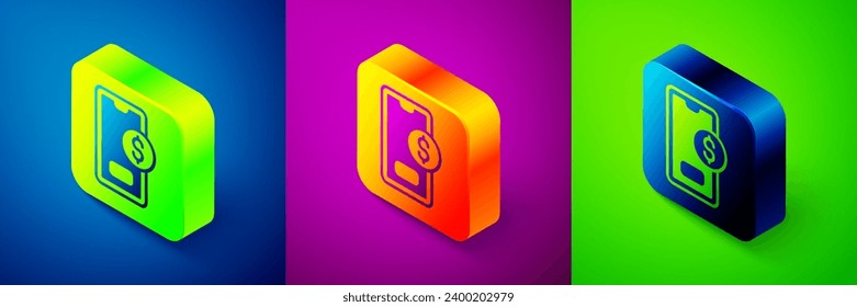 Isometric Smartphone with dollar symbol icon isolated on blue, purple and green background. Online shopping concept. Financial mobile phone icon. Online payment. Square button. Vector