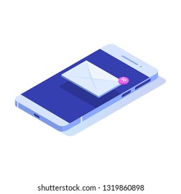 Isometric Smartphone with email notification. Get E-mail concept. Vector illustration