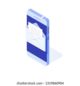 Isometric Smartphone with email notification. Get E-mail concept. Vector illustration