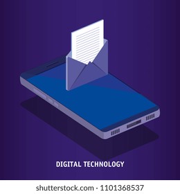 isometric smartphone and envelope digital technology