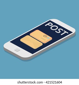 Isometric Smartphone and envelopes. Delivery Post Concept, Express Post. Flat 3d vector  illustration. Email marketing.