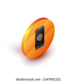 Isometric Smartphone with fingerprint scanner icon isolated on white background. Concept of security, personal access via finger on mobile phone. Orange circle button. Vector Illustration