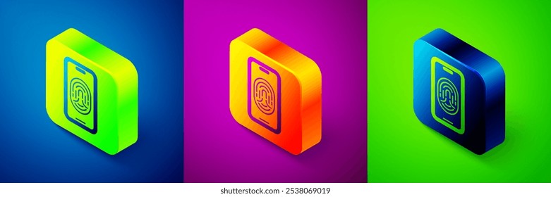 Smartphone isométrico con el icono del escáner de huellas dactilares aislado en fondo azul, púrpura y verde. Concepto de seguridad, acceso personal a través del dedo en el móvil. Botón cuadrado. Vector