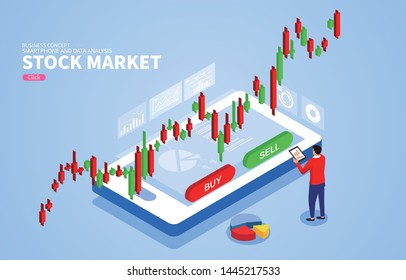 Isometric smartphone foreign exchange trading and stock market analysis