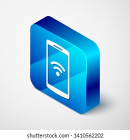 Isometric Smartphone with free wi-fi wireless connection icon on white background. Wireless technology, wi-fi connection, wireless network, hotspot concepts. Blue square button. Vector Illustration