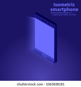 Isometric smartphone with glowing display vector illustration. 3d digital gadget icon.