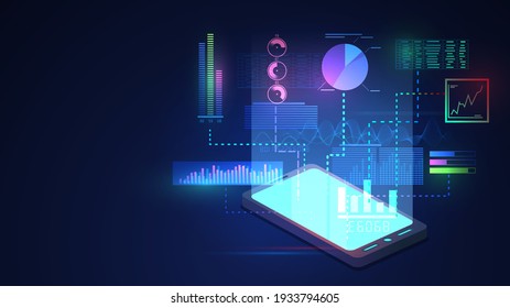 Isometric smartphone with glowing graphs and diagrams, analytics in mobile