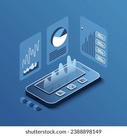 Isometrisches Smartphone mit Grafik. Business Trend Analyse auf Smartphone-Bildschirm mit Graphen. Illustrator-Vektorgrafik