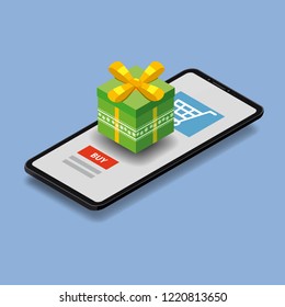Isometric smartphone with green gift box. Online shopping concept. Sale, e-commerce, retailing, discount theme. Modern blue vector logo. Creative flyer, poster template. Baner, poster, vector