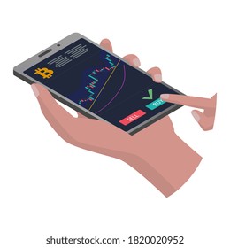 Isometric smartphone in hand with a chart of bitcoin that goes up isolated on white. The finger presses the buy button. The phone case is gray. Template for application or web site. Vector EPS 10.
