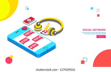 Isometric smartphone with headphone and video play window on abstract background for Social Networking concept.