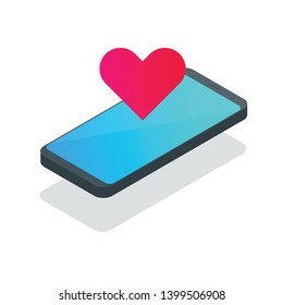 Isometric smartphone. Heart. 3d isometric flat design. Vector illustration.EPS10.